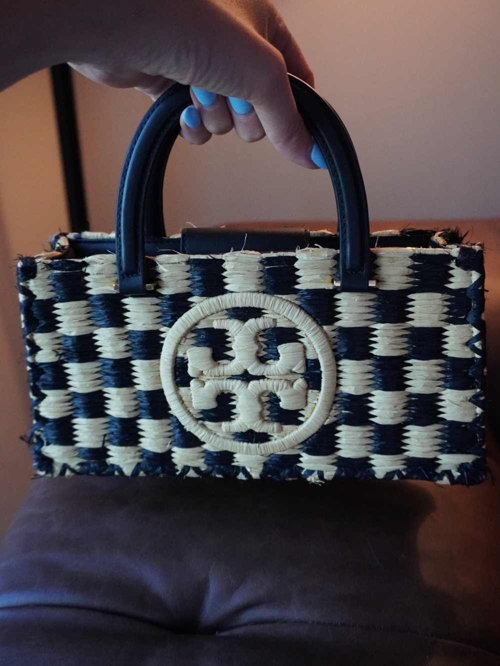 Tory Burch Black and Natural Woven Logo  Tote